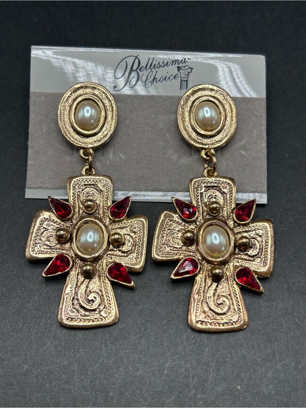 VTG Bellisima Choice Gold Cross Drop Earrings with Pearl and Red Gem Accents